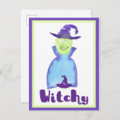 Halloween Cute Paarse Waterverf Witch Briefkaart (Voorkant / Achterkant)