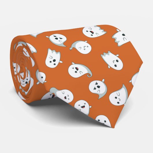 Halloween Cute White Ghosts op Oranje patroon Stropdas (Opgerold)