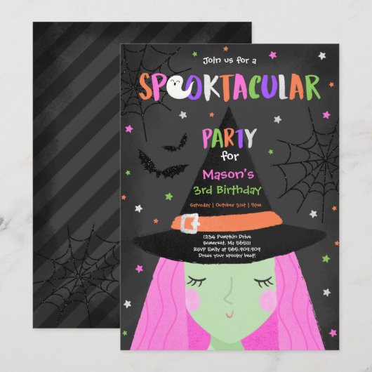Halloween Cute Witch Birthday Party Kaart (Voorkant / Achterkant)