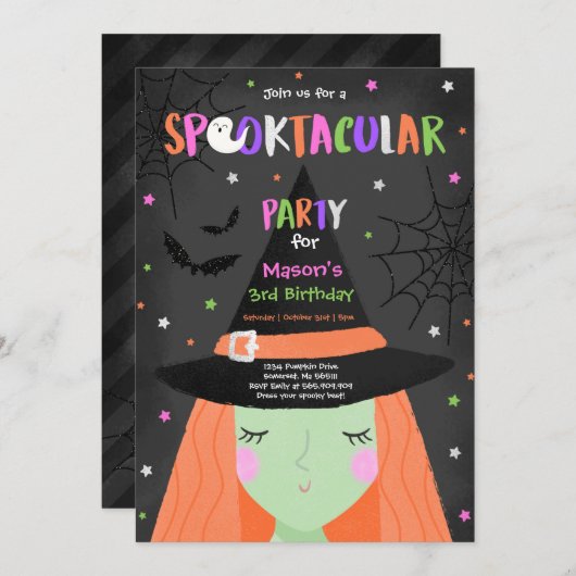 Halloween Cute Witch Birthday Party Kaart (Voorkant / Achterkant)