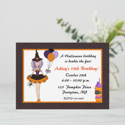 Halloween Cute Witch Birthday Uitnodiging (Staand voorkant)