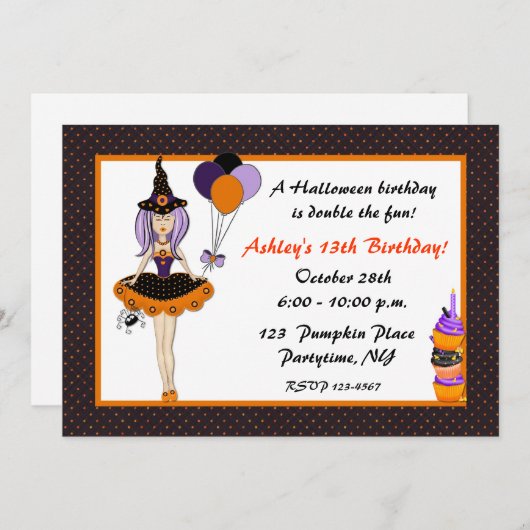 Halloween Cute Witch Birthday Uitnodiging (Voorkant / Achterkant)