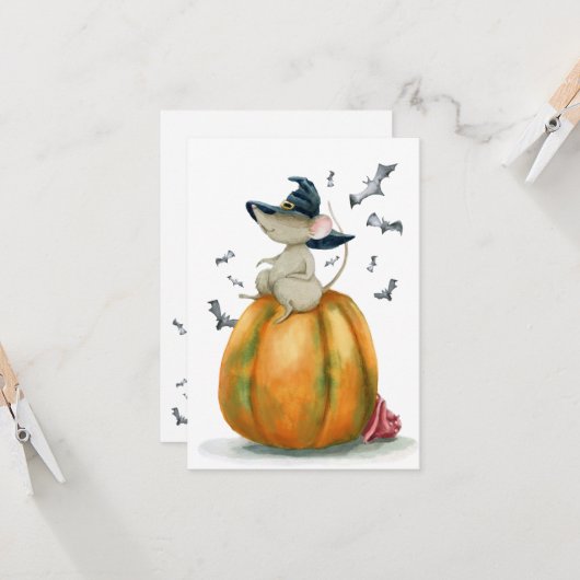 Halloween Cute Witch Mouse Kaart (Voorkant / Achterkant in situ)