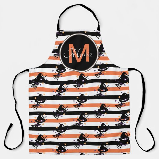 Halloween Cute Witch Stripes Oranje zwart monogram Schort (Voorkant)