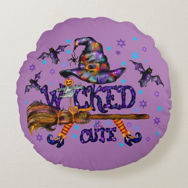 Halloween Cute Wyed Witch Rond Kussen (Voorkant)