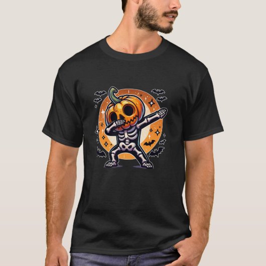 Halloween Dabbing Skeleton Jack op Lantaarn Pompoe T-shirt (Voorkant)