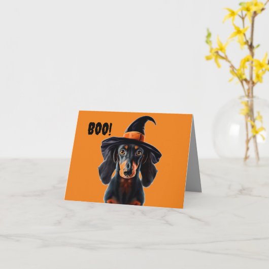 Halloween Dachshund Heks Kaart (Gele Bloem)