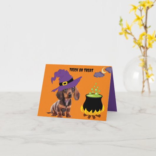 Halloween Dachshund Puppy Kaart (Gele Bloem)