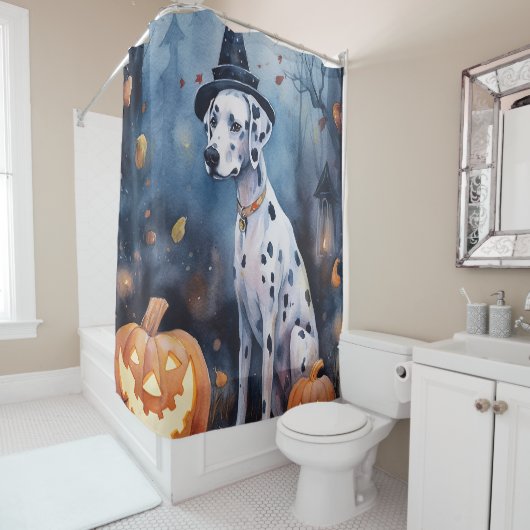 Halloween Dalmatiër Met Pompoenen Eng Douchegordijn (In situ)