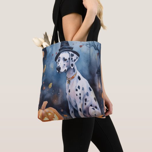 Halloween Dalmation met pompoenen eng Tote Bag (Dichtbij)