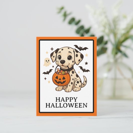 Halloween Dalmatische Trick or treat Feestdagenkaart (Staand voorkant)