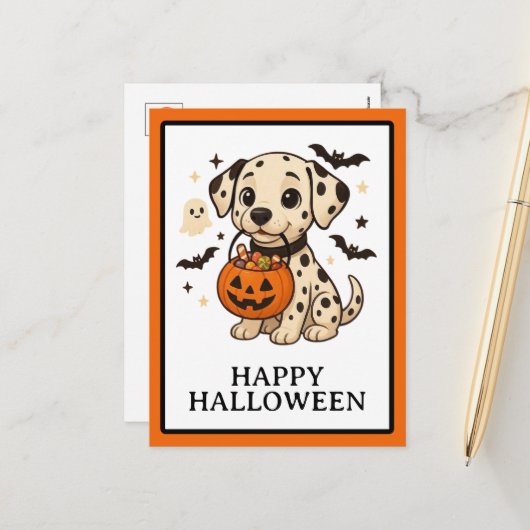 Halloween Dalmatische Trick or treat Feestdagenkaart (Voorkant / Achterkant in situ)