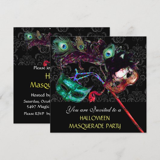 HALLOWEEN  DAMASK MASQUERADE FEest Zwart blauw Kaart (Voorkant / Achterkant)