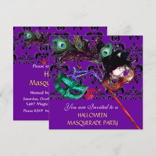 HALLOWEEN DAMASK MASQUERADE PARTIJ paars blauw Kaart (Voorkant / Achterkant)
