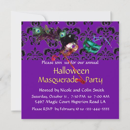 HALLOWEEN DAMASK MASQUERADE PARTIJ paars blauw Kaart (Achterkant)
