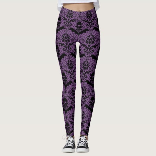 Halloween Damask Paars Leggings (Voorkant)
