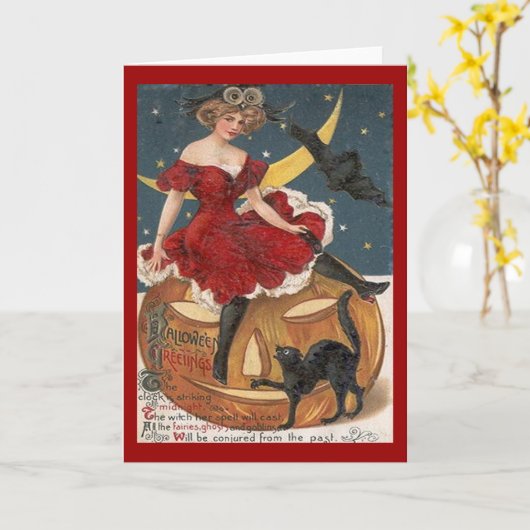 Halloween dame in Red op Jack o' Lantern Kaart (Gele Bloem)
