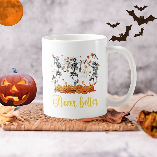 Halloween dansend skelet nooit beter pompoen koffiemok