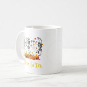 Halloween dansend skelet nooit beter pompoen koffiemok (Voorkant links)