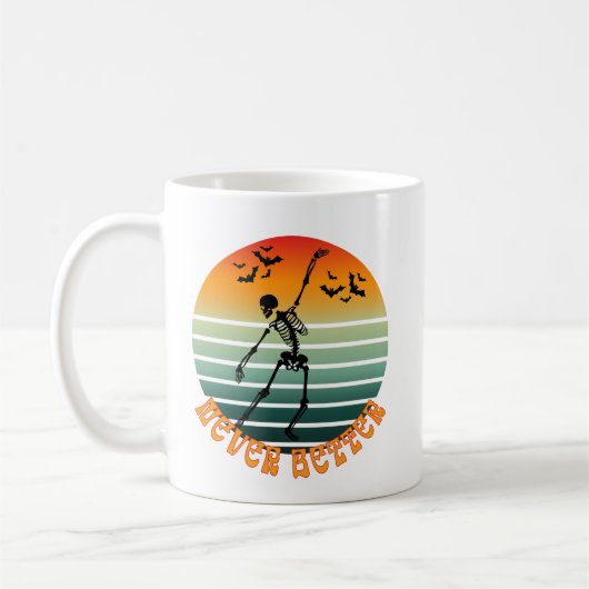 Halloween dansend skelet nooit beter zonsondergang koffiemok (Links)