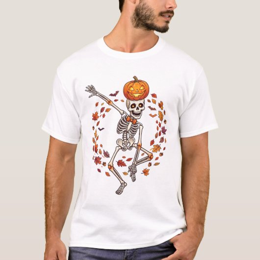 Halloween Dansend Skelet Pompoen Hoofd Herfst Blad T-shirt (Voorkant)