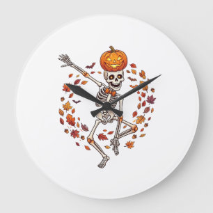 Halloween Dansend Skelet Pompoen Hoofd Herfstblad Grote Klok