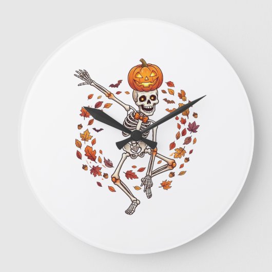 Halloween Dansend Skelet Pompoen Hoofd Herfstblad Grote Klok (Voorkant)