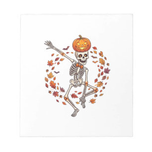 Halloween Dansend Skelet Pompoen Hoofd Herfstblad Notitieblok