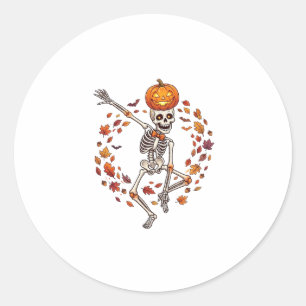 Halloween Dansend Skelet Pompoen Hoofd Herfstblad Ronde Sticker