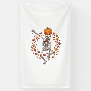 Halloween Dansend Skelet Pompoen Hoofd Herfstblad Spandoek