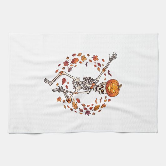 Halloween Dansend Skelet Pompoen Hoofd Herfstblad Theedoek (Horizontaal)