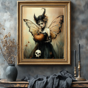 Halloween Dark Fairy met pompoen en schedel Foto Afdruk