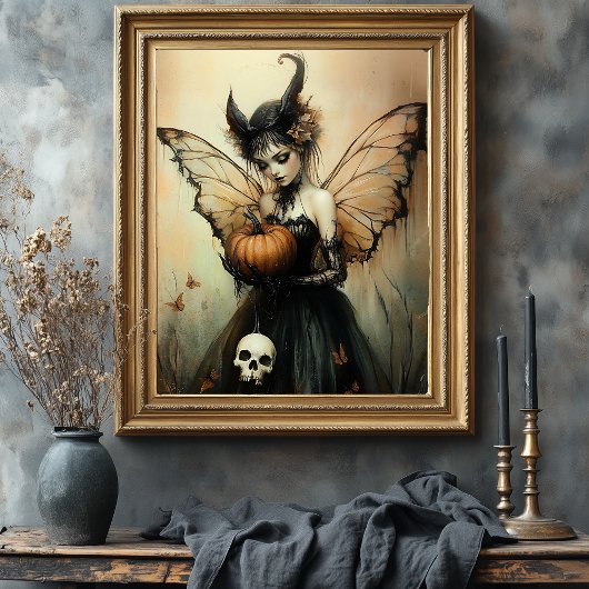 Halloween Dark Fairy met pompoen en schedel Foto Afdruk