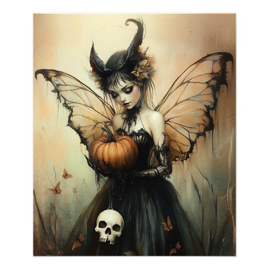 Halloween Dark Fairy met pompoen en schedel Foto Afdruk (Voorkant)