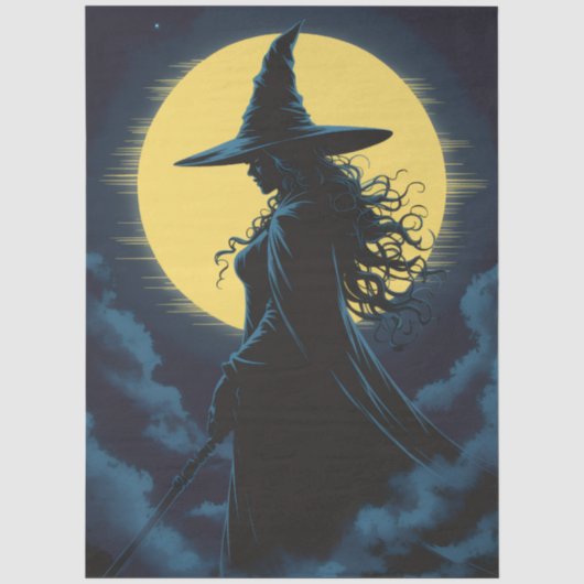 Halloween dat afsteekt tegen een volle gele maan tissuepapier (Voorkant)