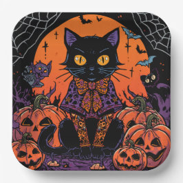 Halloween,De Pompoenveld Plaaggeest ,Zwarte Kat Papieren Bordje