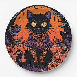 Halloween,De Pompoenveld Plaaggeest ,Zwarte Kat Papieren Bordje
