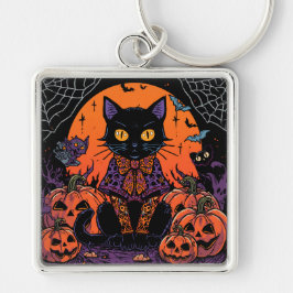 Halloween,De Pompoenveld Plaaggeest ,Zwarte Kat Sleutelhanger