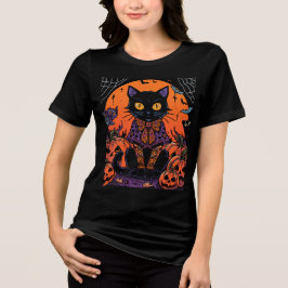 Halloween,De Pompoenveld Plaaggeest ,Zwarte Kat Tri-Blend Shirt