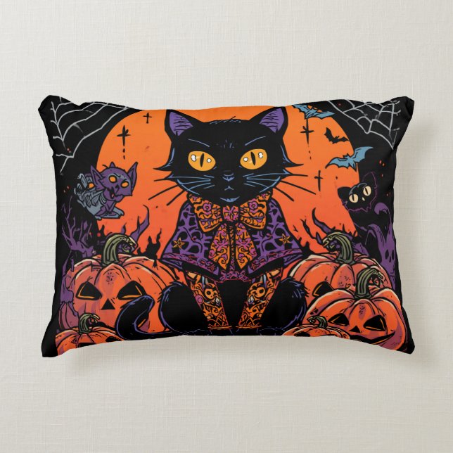 Halloween,De Rondwarmer van de Pompoenplek,Zwarte  Accent Kussen (Voorkant)