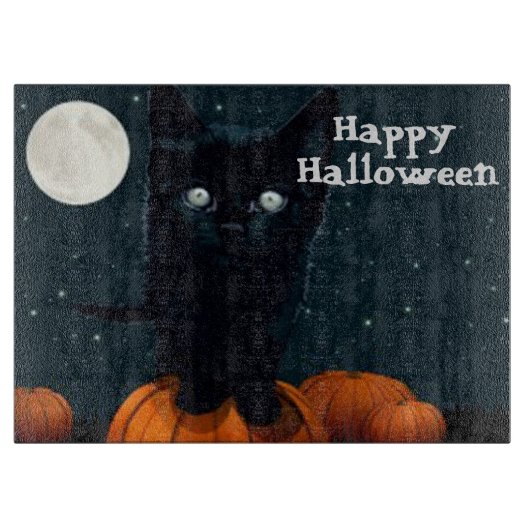 Halloween decorative Glass Cutting Board/Black Cat Snijplank (Voorkant)