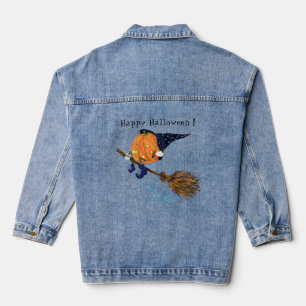 Halloween Denim Jas Grappige Heks Pompoen Vliegen Denim Jacket