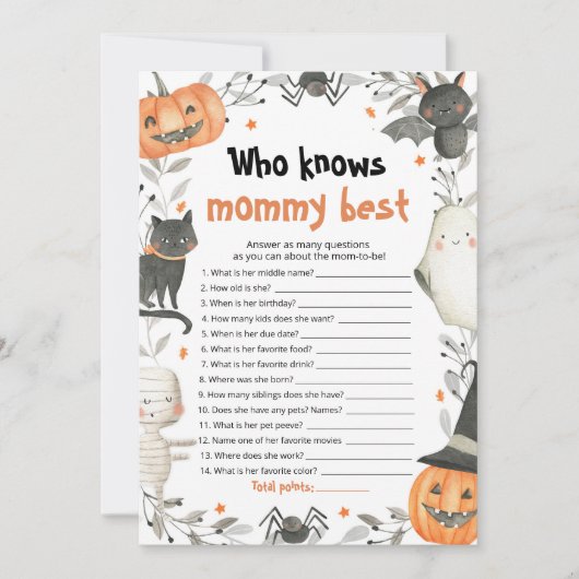 Halloween die weet mama beste Baby shower spel Kaart (Voorkant)