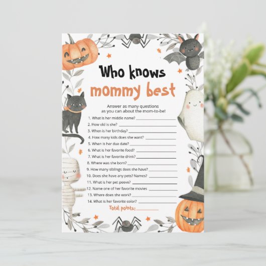 Halloween die weet mama beste Baby shower spel Kaart (Staand voorkant)