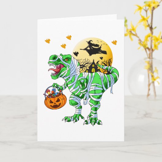Halloween Dinosaur T Rex Mummy Pumpkin Kaart (Gele Bloem)