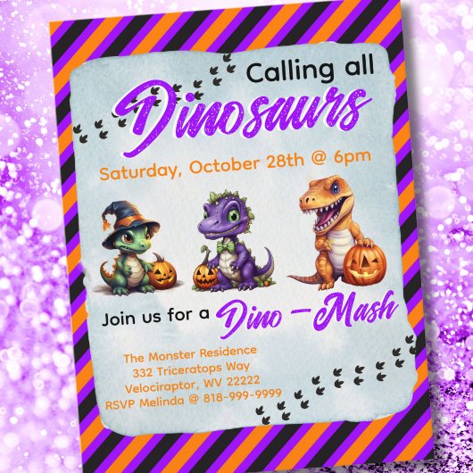 Halloween dinosaurus dino-mash feest briefkaart
