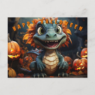 Halloween dinosaurus in bos met pompoenen feestdagenkaart