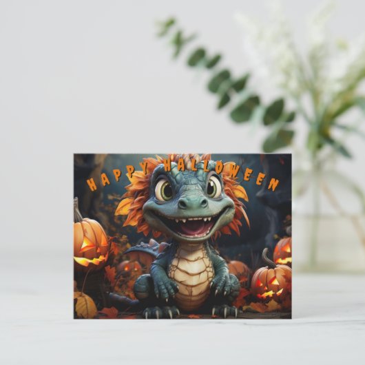 Halloween dinosaurus in bos met pompoenen feestdagenkaart (Staand voorkant)