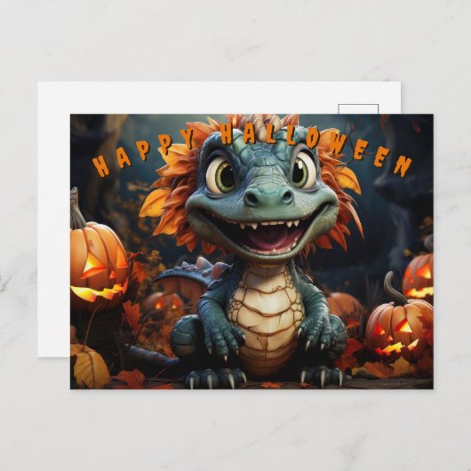 Halloween dinosaurus in bos met pompoenen feestdagenkaart (Voorkant / Achterkant)