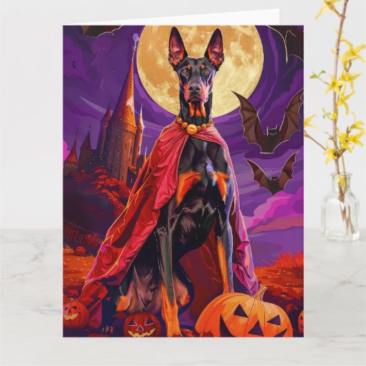 Halloween Doberman Vampire Pumpkins eng Kaart (Gele Bloem)